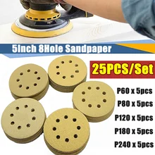 Disques abrasifs, 5 pouces, 125mm, 8 trous, grain 60 – 1000, 25 pièces