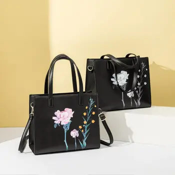 

Women Leather Handbags Flower Print High Quality Retro Tote Bag Female Shoulder Bag