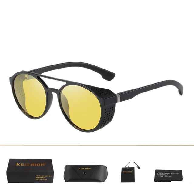 KEITHION Retro Round Polarized Sunglasses Steampunk Men Women Brand Designer Glasses Oculos De Sol Shades UV Protection Yellow lens