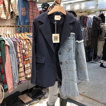 

Spring 2020 New Striped Suit Collar Irregular Stitching Worn Jeans Coat Fashion Top Women Streetwear Womens Jackets and Coats