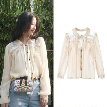 

New light apricot ribbon lace shirt G0785 long sleeve blouse for women
