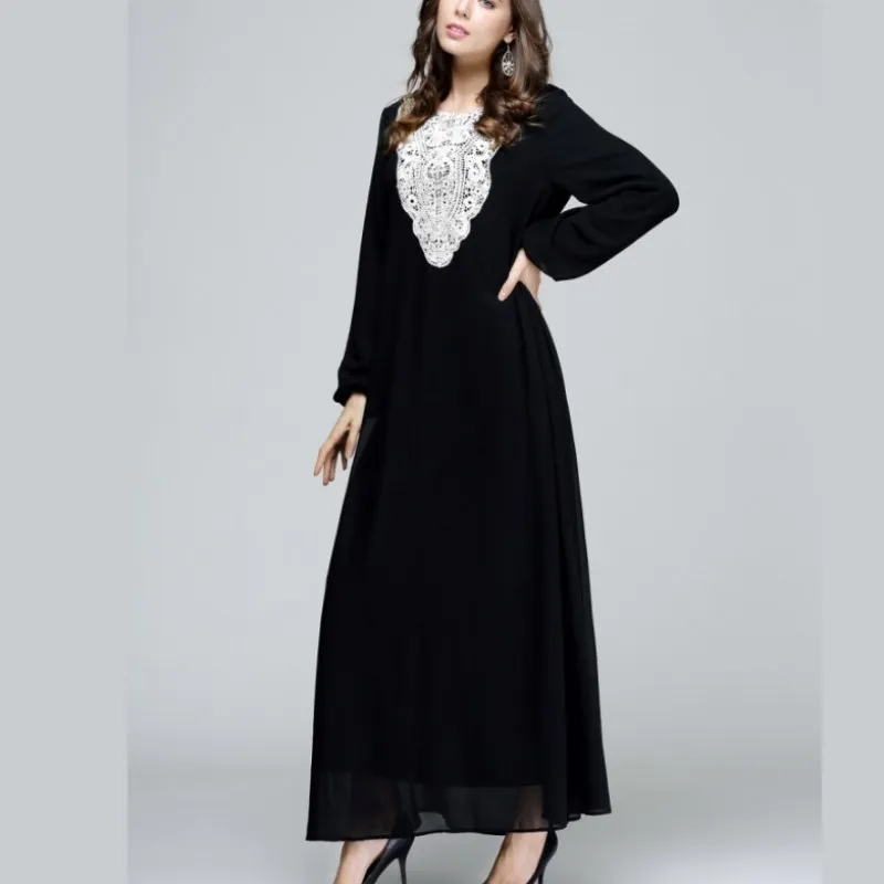 

2021 New Hui Women's Dress Islamic Nationality Arab Robe New Loose Muslim Lace Dress Middle East Girl's Dress Black