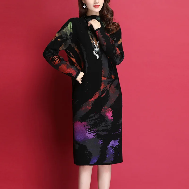 

Europe And America WOMEN'S Dress Wool Sweater Mid-length over-the-Knee Base Skirt Loose-Fit Pullover Dress Sweater Women's