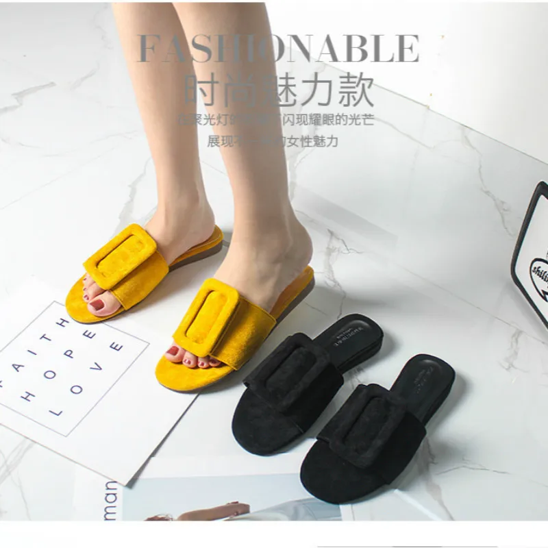 

Women Slippers Round Toe Summer Female Flats Shoes Slippers Ladies Outside Wear Slippers Black Yellow Muller Shoes Flats Women