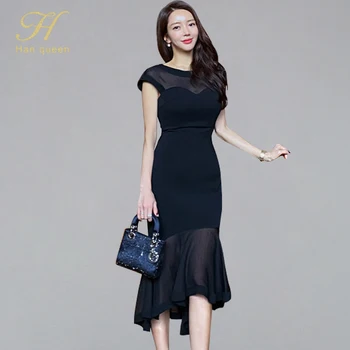 

H Han Queen Womens Sexy Cut Out Elegant Black Mesh Sleeveless Casual Evening Party Bodycon Mermaid Dress