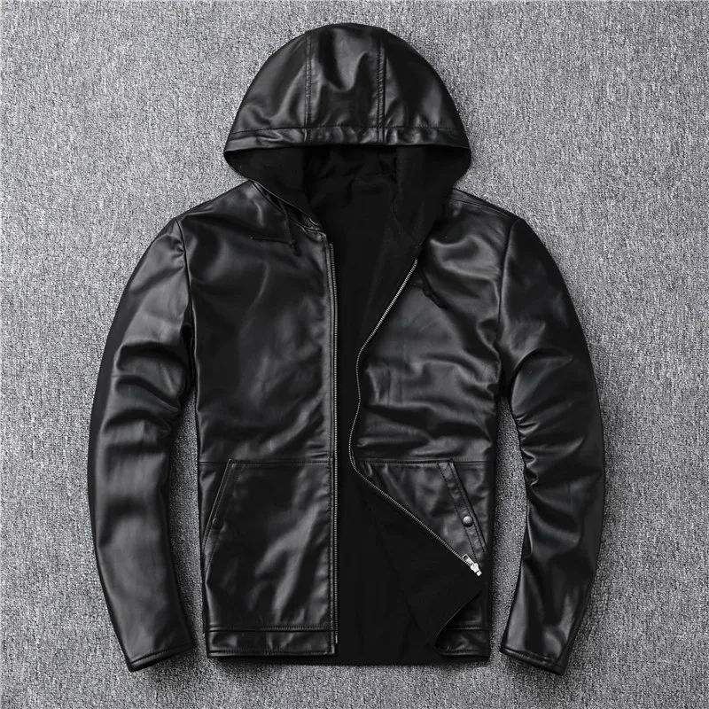 

Gu.seemio genuine leather jacket with hooded cap sheep skin loose coat factory real natural outer wear suit garment thick