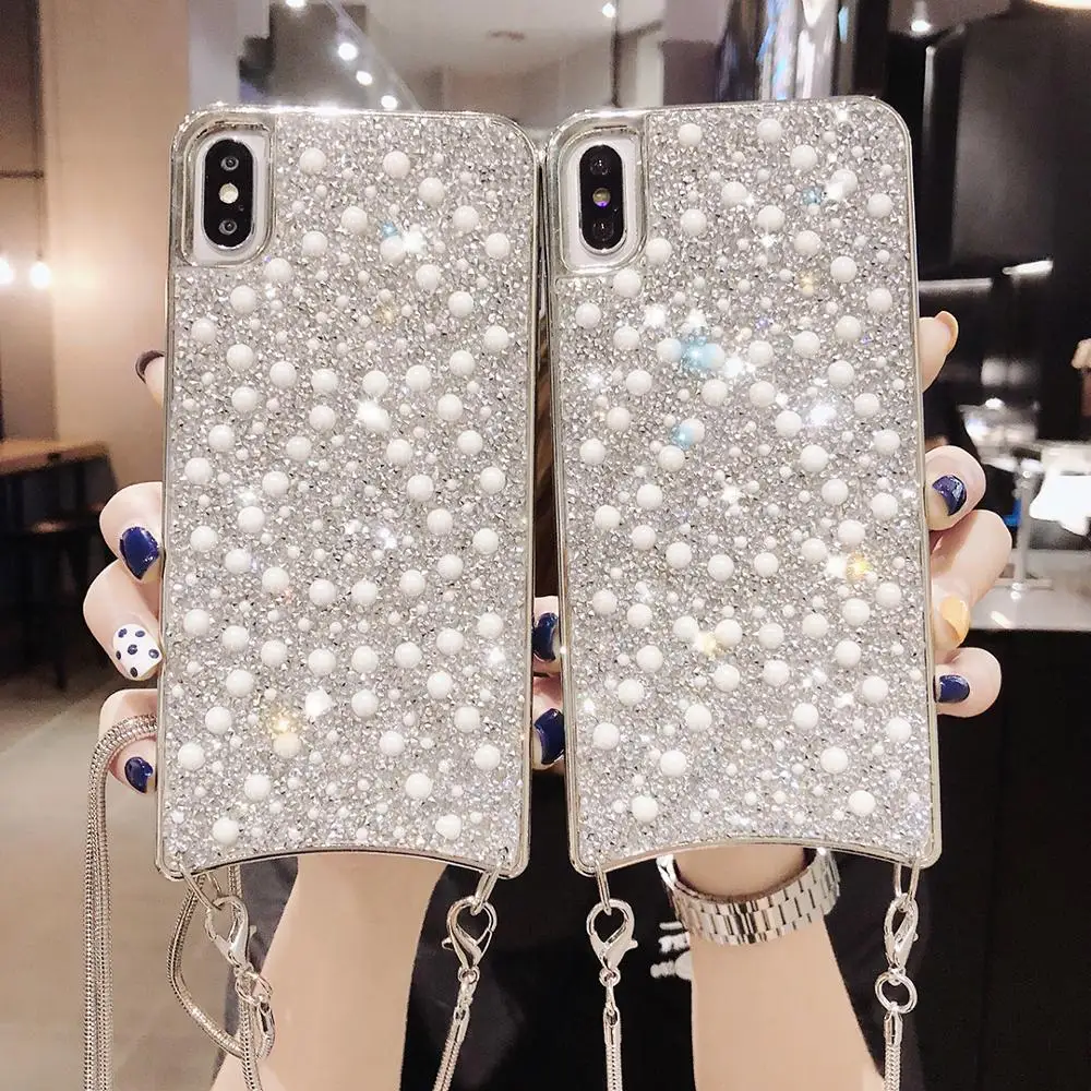 

Fashion Pearl Diamond Phone Case With Metal Chain for iPhone X XR Xs Max Case for iPhone 6 6s 7P 8 Plus Back Cover