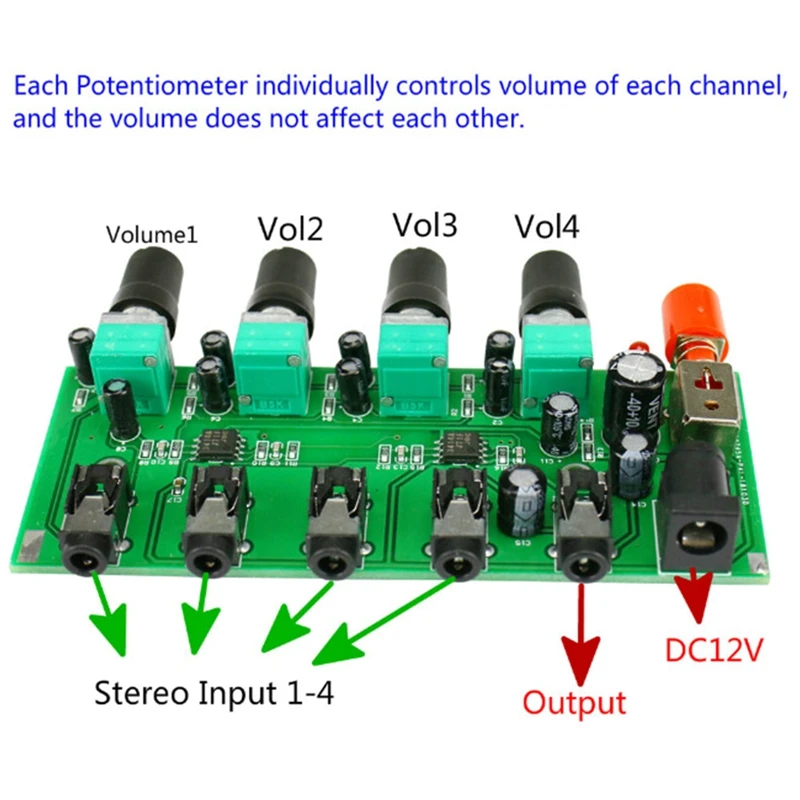 Stereo Mixer 4 Input 1 Output Individually Controls Board DIY Headphones Amplifier Case DC12V