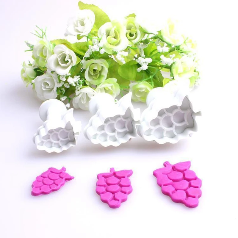 3pcs/set Fruit Grape Cookie Biscuit Cutter Stamp Spring Mold DIY Plastic Sugarcraft Chocolate Decorating Plunger Cutter