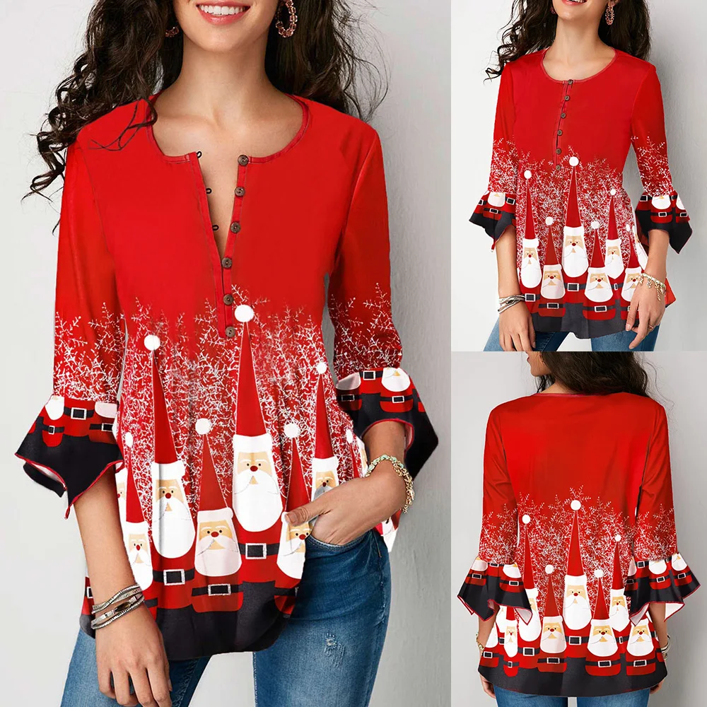 Ruffled Sleeves Christmas Tshirt Top Tee Shirt Women Santa Claus Print Lady T-shirt Red Black Round Button Neck Female Tshirt