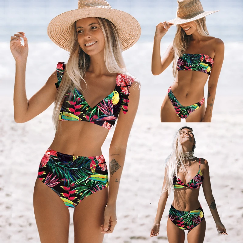 

Ruffle Swimwear Summer Bikini Women Plant Print Bikinis Sexy Off Shoulder Bathing Suit High Waist Swimsuit Bikinis 2019 Mujer
