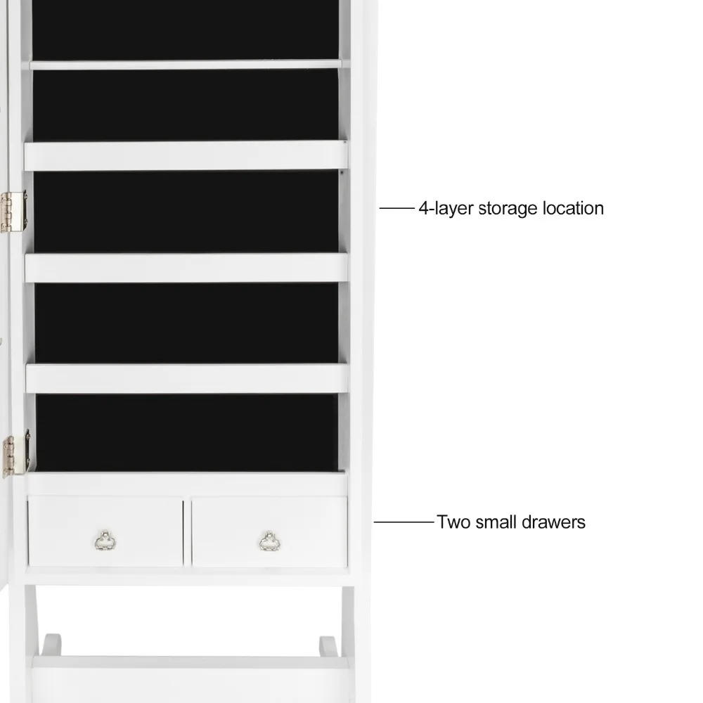 Lockable Jewelry Cabinet Organizer Storage Box Stand with Makeup mirror White Dresser Home Furniture for bedroom (6)
