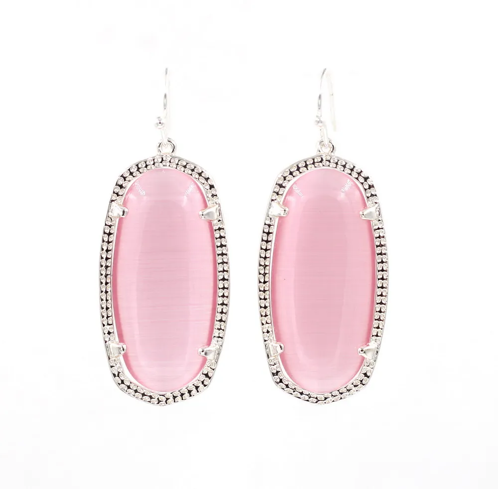 Высокое качество Мода Розовый Цвет Гладкий овальный Cateye опал стекло камень Висячие серьги для женщин - Окраска металла: Silver pink