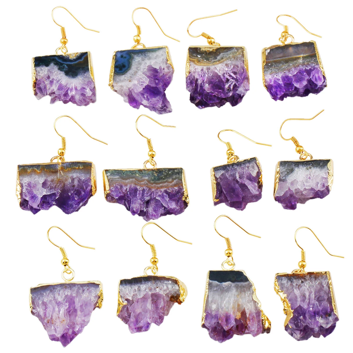 

TUMBEELLUWA Natural Irregular Raw Amethysts Quartz Dangle Charms Gold Color Hook Earrings For Women Eardrop Pastoralism Jewelry