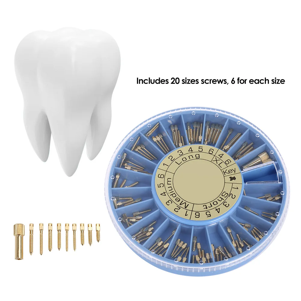 

120Pcs Dentist Conical Screw Posts Dental Kit Stainless Steel Nordin Dental Material Gold Plated Tapered Refills Files