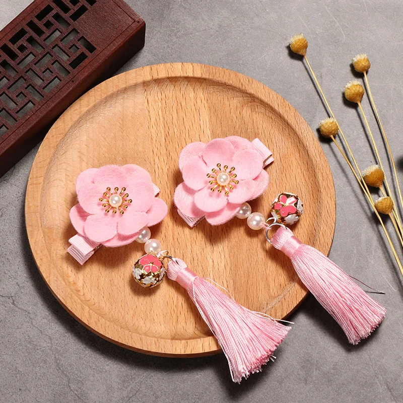 

2pcs Girls Felt Flowers Hair Clips Chinese Traditional Princess Tassels Children Barrette 3 Colors Option Kids Hair Accessories
