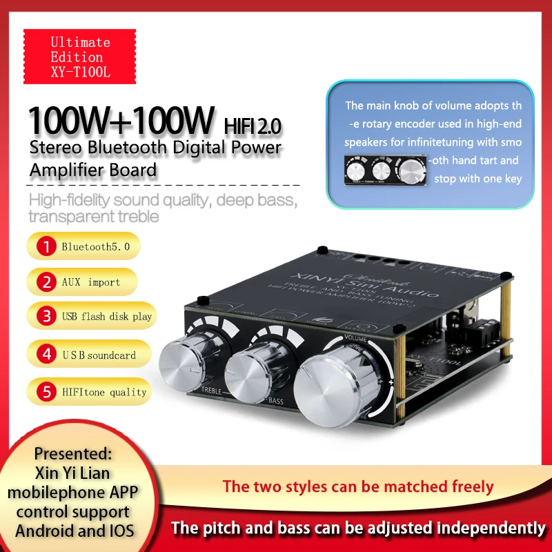 XY-T100L 2*100W Bluetooth 5 0 панель усилителя сабвуфера плата высокомощного звука Плата AUX USB