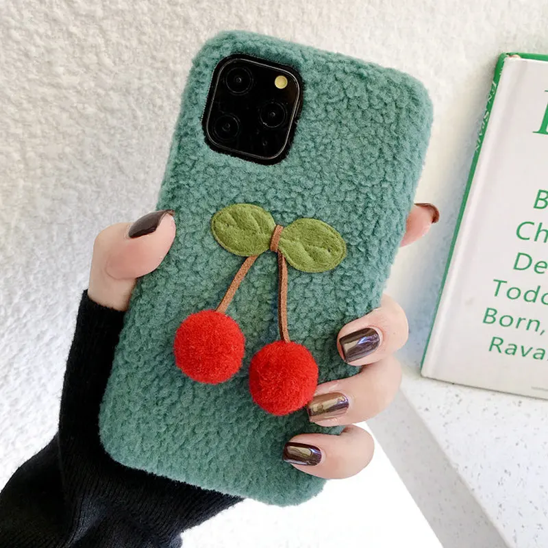 1 1 шт. для iPhone 11 Pro Max милый маленький вишневый чехол-накладка Пушистый Плюшевый зимний теплый чехол для телефона для iPhone XS XR XS MAX 6S 7 8 Plus - Цвет: 1