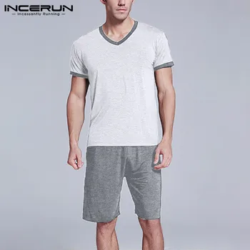 

INCERUN Summer Men Pajamas Sets Patchwork Short Sleeve V Neck Nightgown Shorts 2 Pieces Homewear Fashion Soft Men Sleepwear Sets
