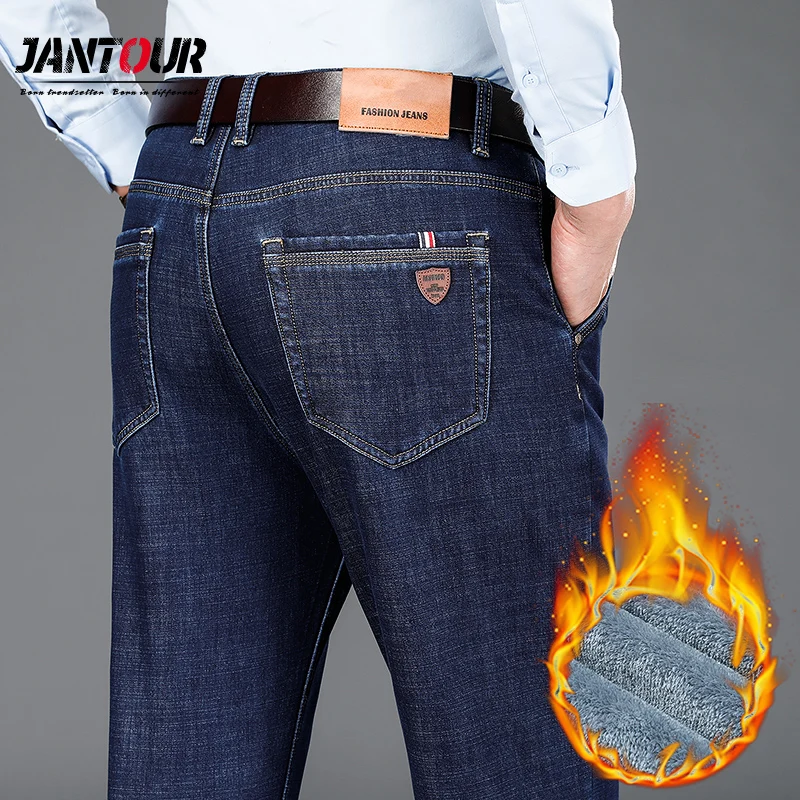 Stretch Jeans Trousers Pants Men Quality Straight Mens Brand Warm Velvet Winter Flannel