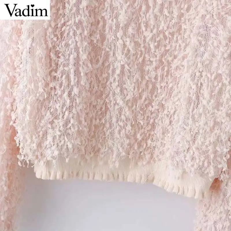 Женское элегантное платье vadim розовый короткий вязаный свитер с кисточками в стиле пэчворк с длинными рукавами прозрачный обрезанный женский топ шикарный пуловер Топы HA433