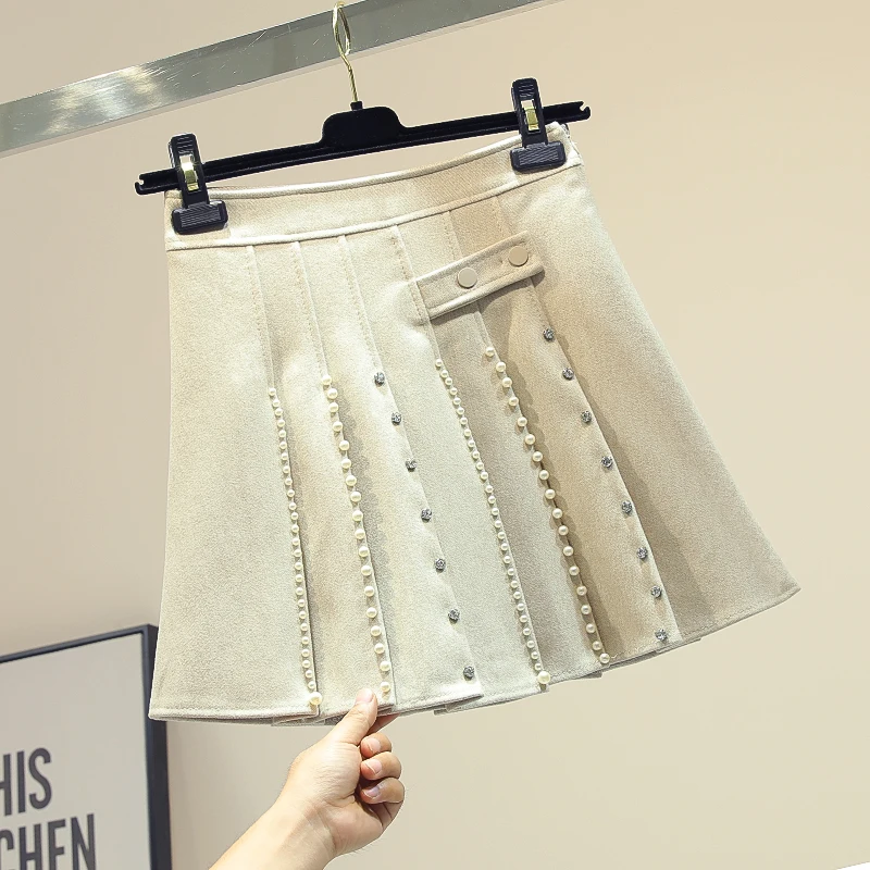 women skirt Diamond Beaded Pleated Skirt Women high waist pleated skirts femme