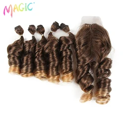 Magic Loose Wave Bundles With Closure Synthetic Weave Hair 20 Inch 6Pcs/Pack Ombre Brown Hair Extensions For Women