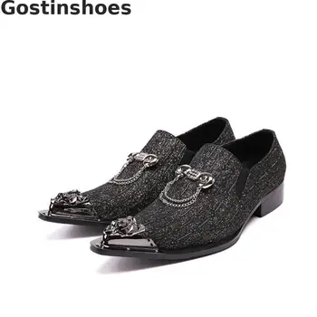 

Classic Men Shoes Grey Nubuck Leather Men Casual Leather Shoes Pointed Metal Capped Toe Slip On Men Loafers Chains Decoration