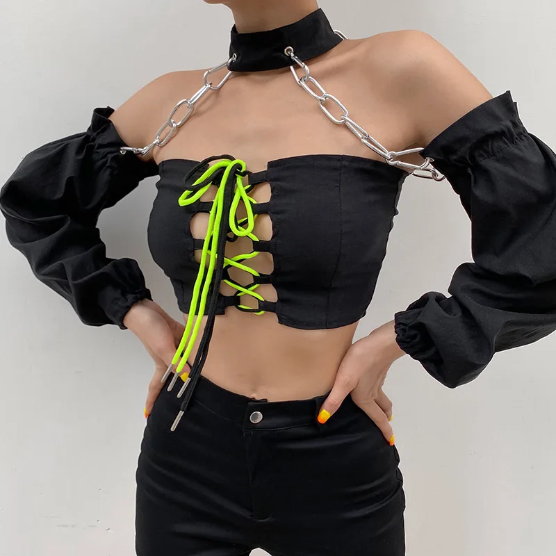 

Echoine Women Chain Sexy Cutout Contrasting Color T-shirt Strap Halter Lace Up Long-Sleeve Upper Garment Off Shoulder Tunic Tops