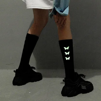 

Socks Women Butterfly Prints Night Bright Streetwear Harajuku Crew Socks Woman Light Funny Sock Black Sox Hip Hop Sox Long Soks