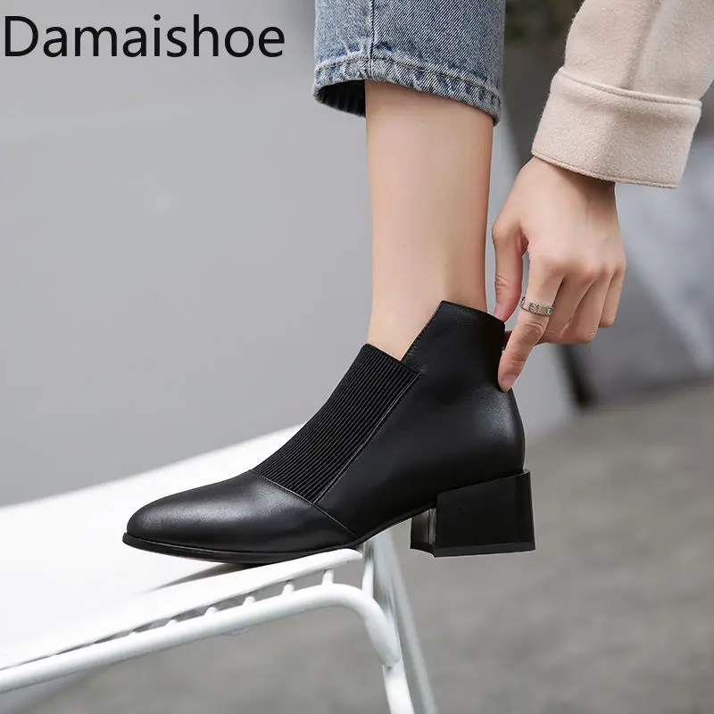 Elastic Pointed Ankle Boots Women's Mid Heel 2021 Autumn Square Heels