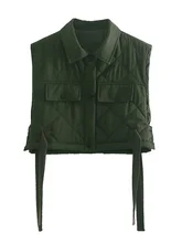  TRAF Women 2021 Green Pocekts Quilting Cropped Vests  Fashion Side Buttons Tie Turn-down Collar Waistcoat Streetwear 