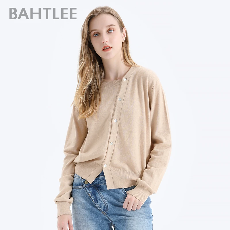 

BAHTLEE Women Wool Cardigans Sweater Knitted Jumper Shell Button Irregular Design Long Sleeves O-neck
