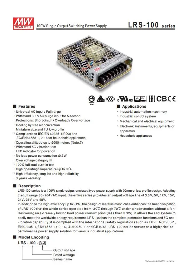 Бренд MEAN WELL представляет LRS-35 50 75 100 W 3,3 V 5V 12V 15V 24V 36V 48 V meanwell LRS-100 3,3 до 5 лет, 12 предметов в упаковке 15 24 36 48 V 100 W импульсный источник Питание