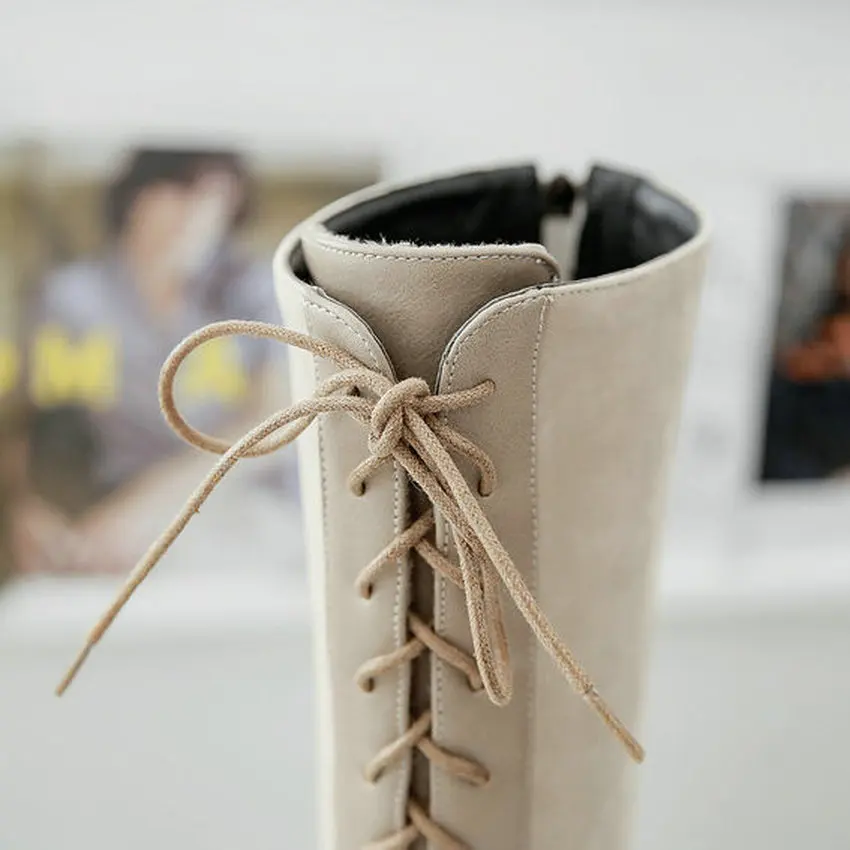 QUTAA/ г. Осенне-зимние сапоги до колена на молнии с квадратным носком и шнуровкой модная женская обувь из PU искусственной кожи на квадратном каблуке в стиле пэчворк размеры 34-42
