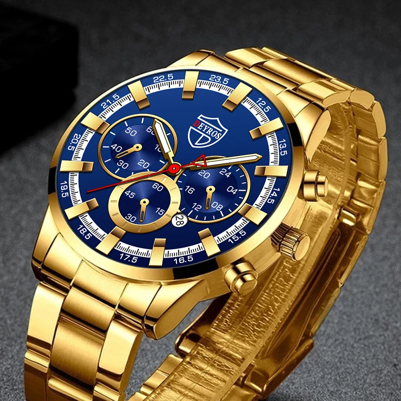FashionMensWatchesLuxuryMenSportsGoldStainlessSteelQuartzWristWatchManBusiness