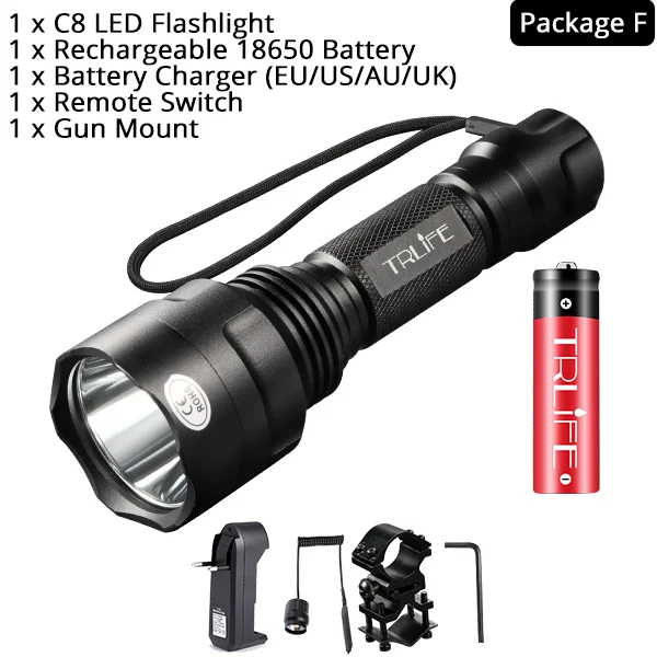 Package F Охотничий фонарик 1 Режим Фонарь Lintern T6/L2 тактические фонари 18650 алюминий C8 водонепроницаемый фонарь Крепление для пистолета - Испускаемый цвет: Package F