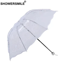 Прозрачный зонтик SHOWERSMILE для женщин, белый кружевной зонтик с цветами, Свадебный зонт для невесты, три складных романтических зонта для девушек