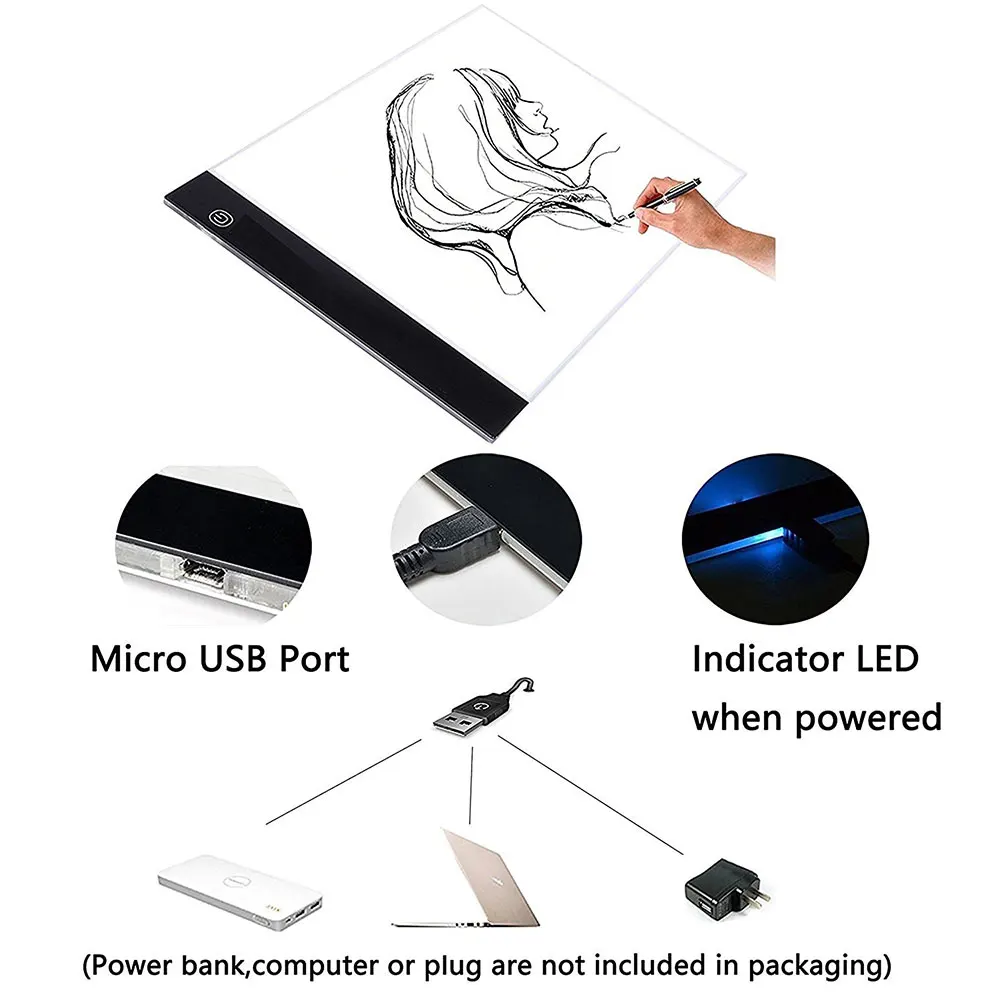 Питаемые через USB порт ультра-тонкий A5 доска для рисования со светодиодами подушка анимации трассировочный свет коробка лайтбокс планшет чистый холст с 3 позиционный переключатель