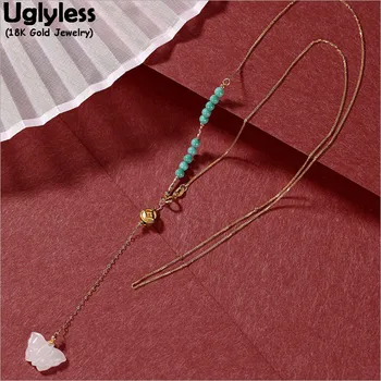

Uglyless Sexy Long Tassel Evening Dress Necklaces for Women Genuine 18K Gold Necklaces Natural Turquoise Butterfly Pendant AU750