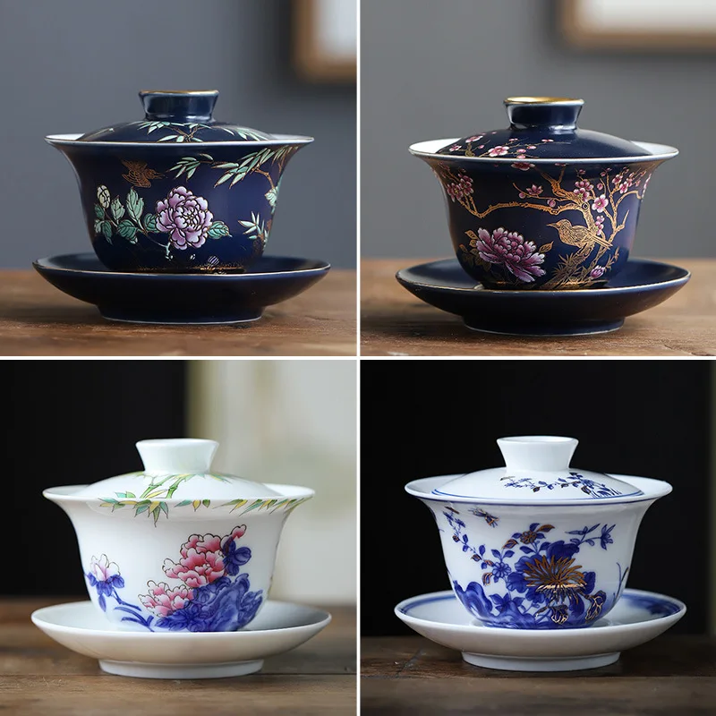 Gongfu Tea Set Ceramic San Cai Gai Wan China Handmade Tea Cups Gaiwan Tureen Hand-painted Bowls