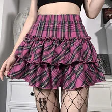 

Pink Cute Japanese College Style Youth Girl Plaid Skirt Female High Waist Slim Lolita Cosplay Y2K Skirt Goth Skirt Gothic