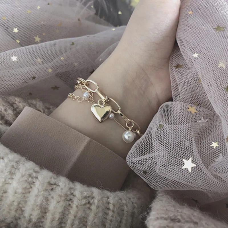 Двухслойная любовь, жемчужный браслет, милая и милая Женская Ручная струна, темперамент Baitao, металлическая подвеска, сердце, персик, ювелирные изделия для рук