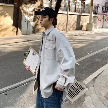 

Men's long-sleeved shirt 2019 autumn and winter new solid color loose Hong Kong style shirt youth fashion trend men's clothing