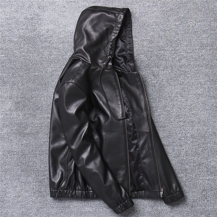Натуральная кожаная мужская куртка из натуральной овчины, мотоциклетная Байкерская кожаная куртка, Повседневная тонкая мужская черная демисезонная верхняя одежда с капюшоном