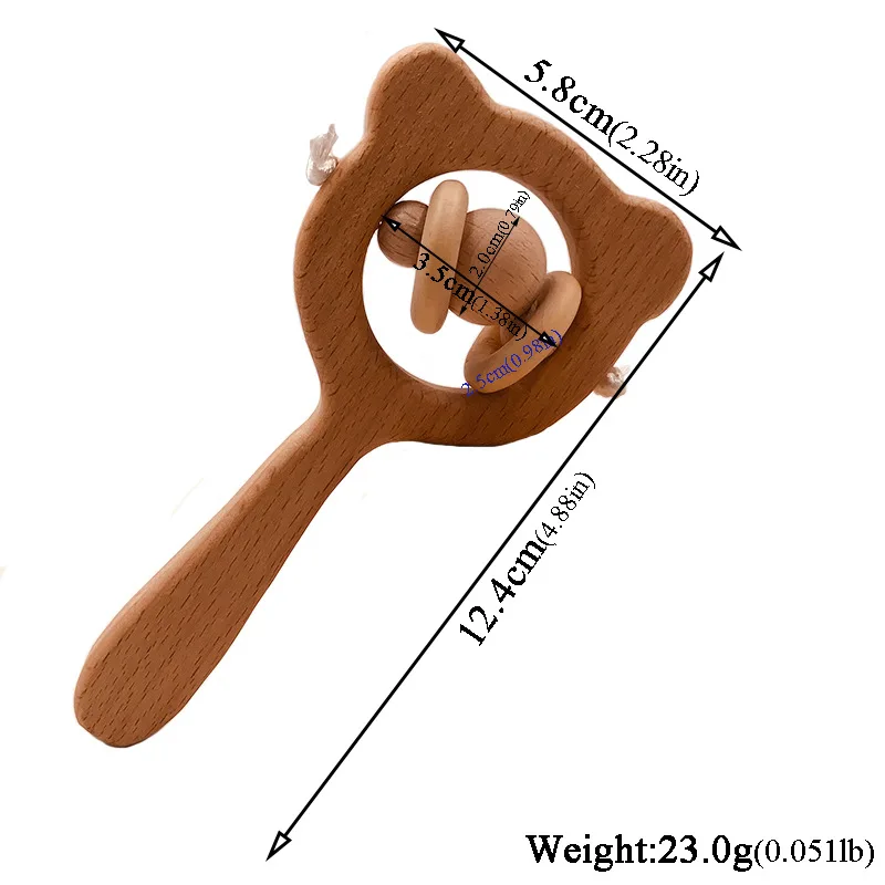 Wooden Rattle Beech Bear Hand Teething Wooden Ring Baby Rattles Play Gym Montessori Stroller Toy Educational Toys