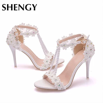 

2019 New Women High Heels Summer Thin Heels Peep Toe Pearl Diamond Pumps Flower Office Wedding Sandals Party Shoes