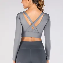 Женский топ для занятий йогой с открытой спиной, спортивный топ с длинными рукавами, дышащий фитнес-топ для тренировок в тренажерном зале, рубашки для занятий спортом с нагрудным подкладом