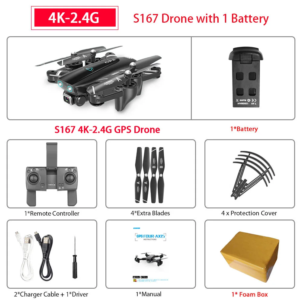 4K 1B FB S167 gps Дрон 4K 5G wifi 1080P FPV камера дроны gps следуем за мной высота держать широкоугольный Квадрокоптер с камерой складной Радиоуправляемый Дрон - Цвет: 4K 1B FB