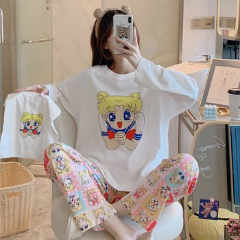 

Women Autumn Winter Sleepwear Japan Sailor Moon Pajamas Set Anime Cartoon Nightsuit Long Sleeve Cotton pijama Mujer Female Pjy